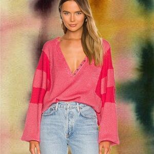 Free People Pink V-Neck Henley Oversized Cotton Blend Long Sleeve Callisto